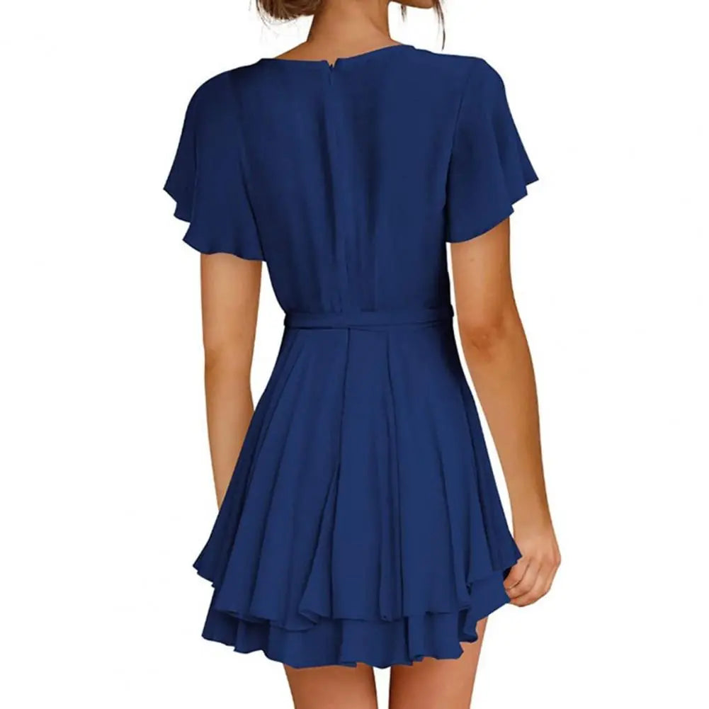 Loose V-neck Lace-up Mini Dress Flowy Ruffle Hem Solid Color Short Sleeve Women Dress Party