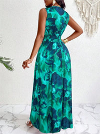 New Fashion Temperament Print Waist Cinching Dress Summer Elegant V-neck Sleeveless Vacation Style Long Printed Dress For Women