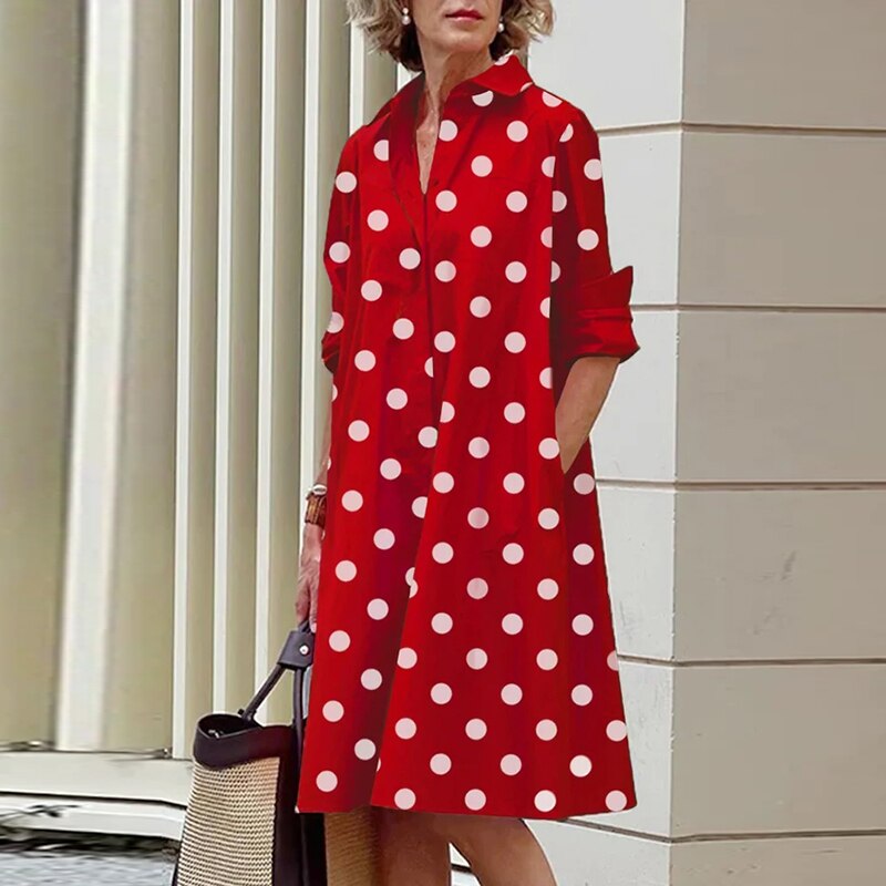 Elegant Solid Shirt Dress Women 2023 Turn Down Collar Long Sleeve Midi Dresses Spring Ladies Commute Casual Loose Pocket Blouses