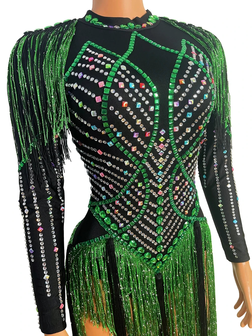 Sparkly Rhinestones Tassel Leotard Sexy Dance Costume Crystals Black Green Fringes Bodysuit Nightclub Outfit Show Stage Wear