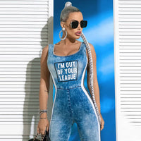 Oshoplive Polyester&Spandex U-Neck Letter Print Split-Joint Sleeveless Jumpsuit&Dress Women Fashion Hollow Out Skinny Jump Suit