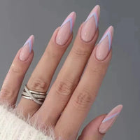 24Pcs Long Round Head Black Glod Line Press On Nail Art Removable Fake Nails With Glue Full Cover Waterproof False Nails