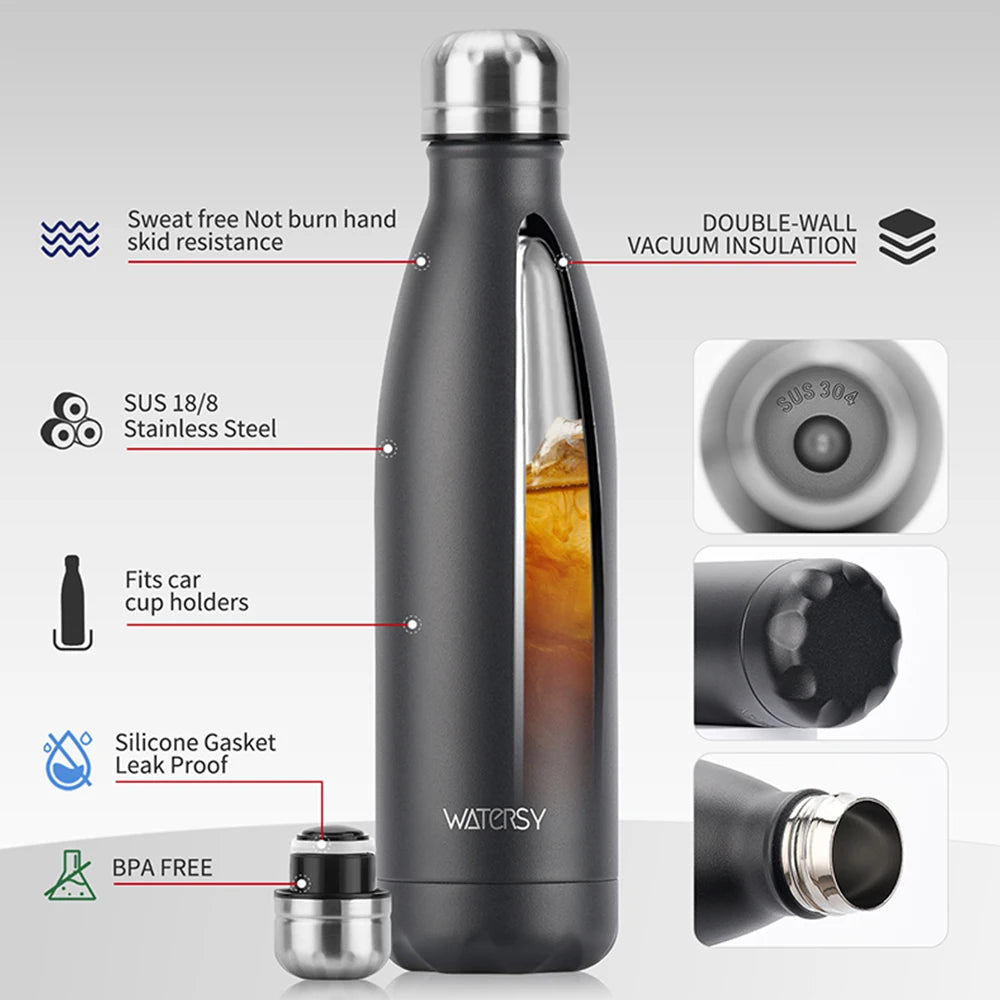 WATERSY 500ml Insulated Water Bottle, Stainless Steel Thermal Leakproof Flask, BPA-Free Double Walled Vacuum Bottle for Sports