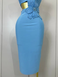 Luxury Sexy One Shoulder Pearl Sky Blue Bodycon Bandage Dress 2025 Women Celebrity Elegant Evening Club Birthday Party Outfit