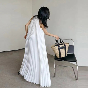 Women Summer 2023 White Beach Dress Sexy Pleated Dress Casual A-line Sundress O Neck Strap Sleeveless Party Long Robes