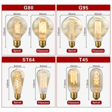 Retro Edison Bulb E27 220V 40W Light Bulb A60 ST58 ST64 T10 T45 T185 G80 G95 Filament Vintage Ampoule Incandescent Spiral Lamp