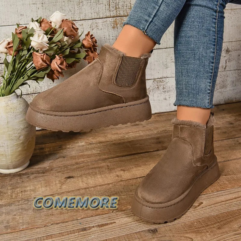 Winter Women Short Plush Warm Snow Boots Casual Shoes New Suede Fur Chelsea Ankle Boots Flats Platform Ladies Shoes Comfortable