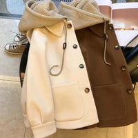 Coats Women Wool Blends Hooded Knitted Fake Two Pieces Single Breasted Coat Full Sleeve Casual Splice Jackets Autumn 2024