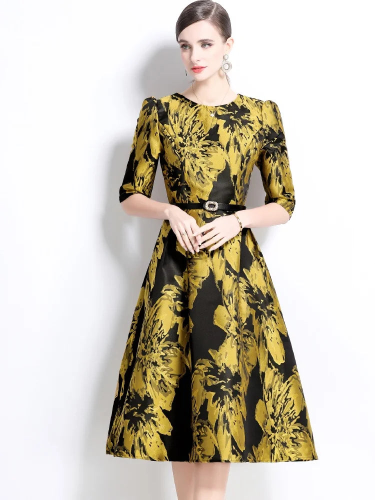 New Spring  French Temperament Elegant Jacquard Exquisite Dress Women's O-Neck Half Sleeve Slim Waist Dresses