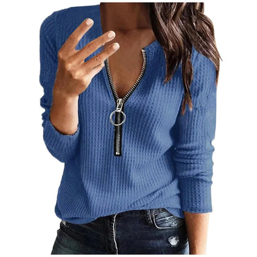 One-Handed Pullover Zipper Style Women's Shirt Long Sleeve Knitted Pure Color Casual Fashion Ladies' Top