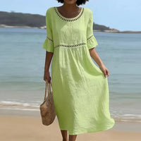 Summer Beach Vacation Dresses Women's Sexy O Neck High Waist Hollow A-Line Dress Spring Flare Sleeve Linen Vintage Dress Vestido