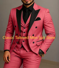 Beige Double Breasted Suit  Black Lapel  Slim Fit Wedding Suit