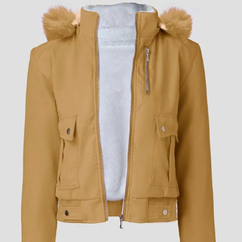 Large Fur Collar Hooded Zipper Sweatshirt Women's Jacket Winter Vintage Casual Hoodies Short Coat for Female Outfits Streetwear