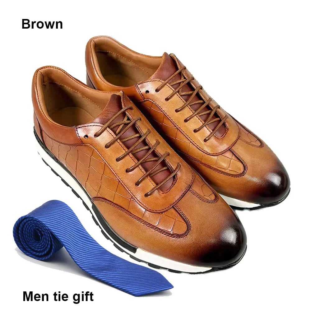 Luxury Business Casual Genuine Natural Cowhide Leather Men's Oxford Sneakers Spring Autumn Crocodile Pattern Anti-slip Footwear