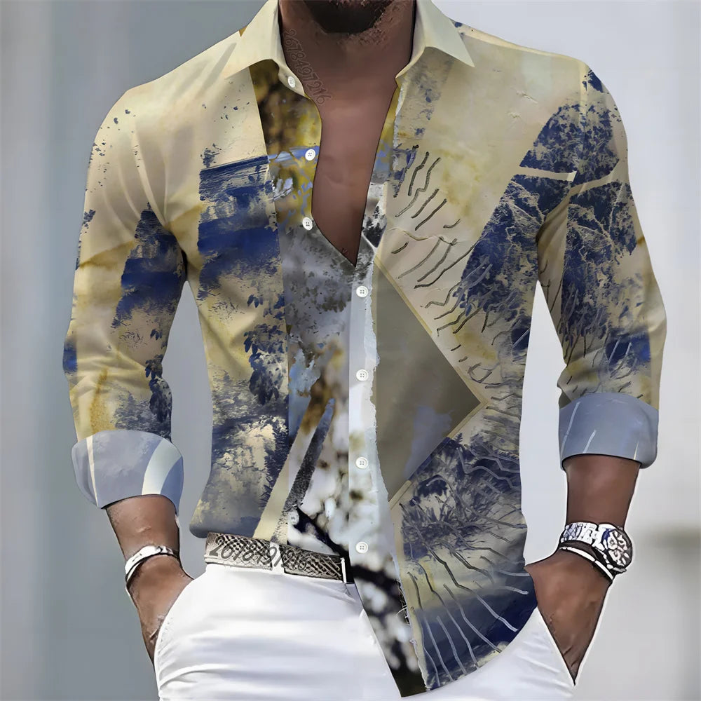 Men's Retro Color-Blocked Floral Print Long-Sleeve Shirt with Paisley Pattern Design, Casual Top for Spring and Autumn