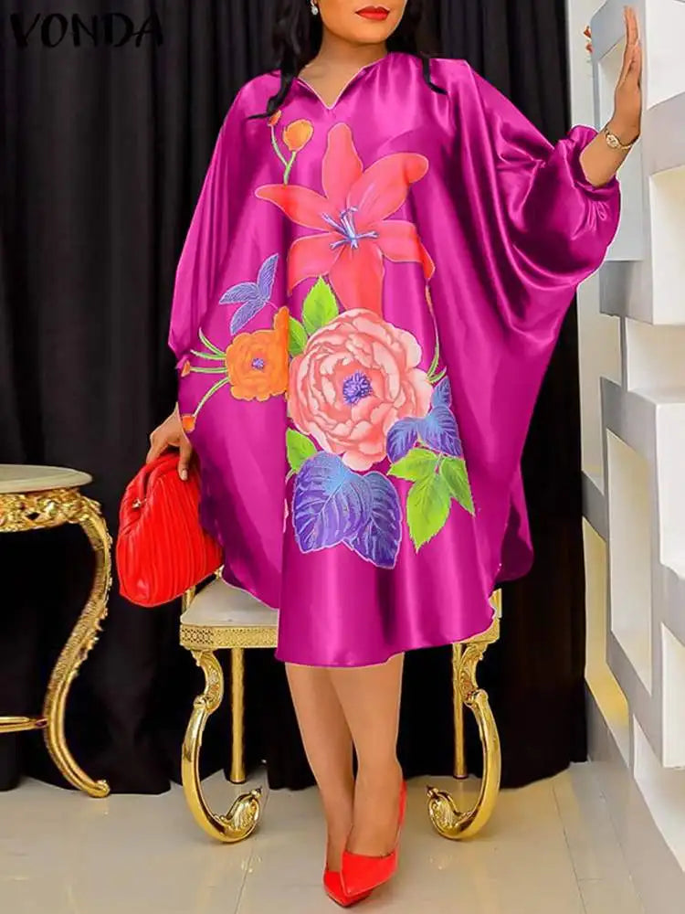 Plus Size 5XL VONDA Women Bohemian Long Sundress Autumn Floral Printed Elegant Midi Dress 3/4 Bat Sleeve Casual Loose Retro Robe