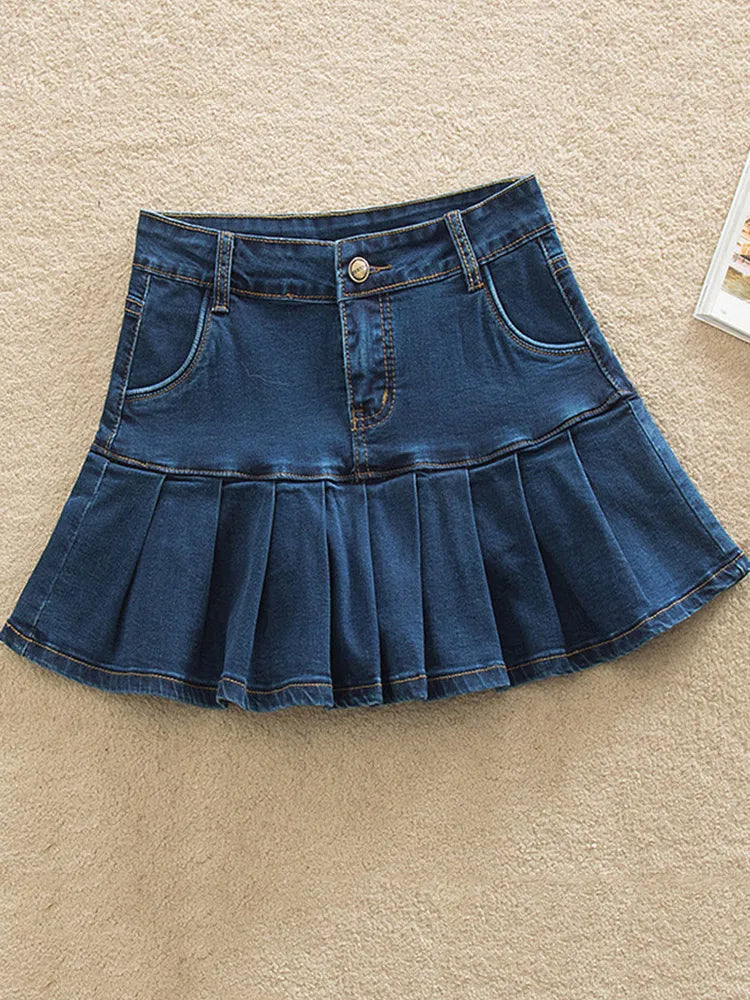 Denim Skirt With Ruffles 6XL 7XL Harajuku Y2K Jeans Skater Woman High Waist Bottom Female Casual Pleated Micro Mini Short Jurken