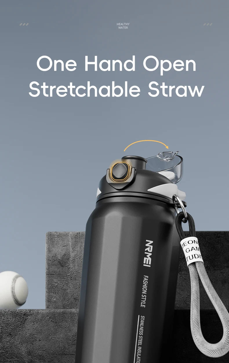 One Button Open Water Bottle with Lifting Rope, Large Capacity Stainless Steel Thermos Bottle,Outdoor Sport Vacuum Flasks