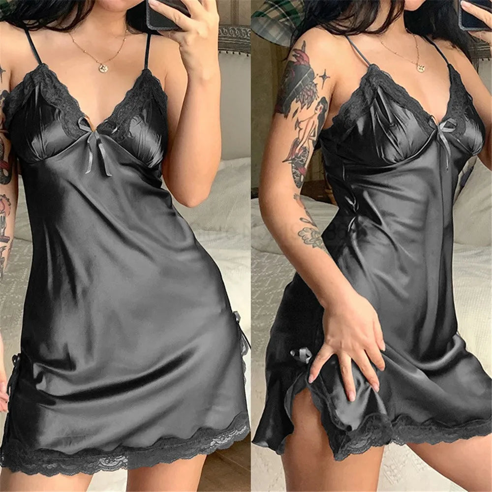 Nightgown Satin Lady Sleep Dress Lace Patchwork Lingerie Chemise Nightdress V-Neck Spaghetti Strap Sleepwear With Bow Nightwear