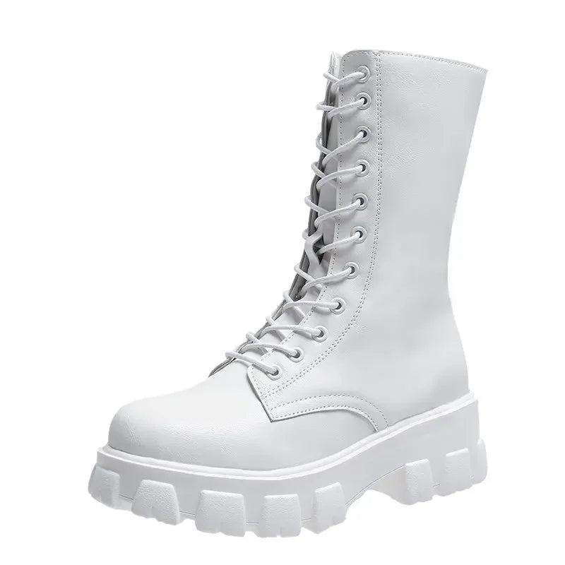 2024 Winter Shoes Women White Boots Autumn Fashion PU Leather Platform Gothic Boots Punk Combat Mid-Calf Boots For Women Booties