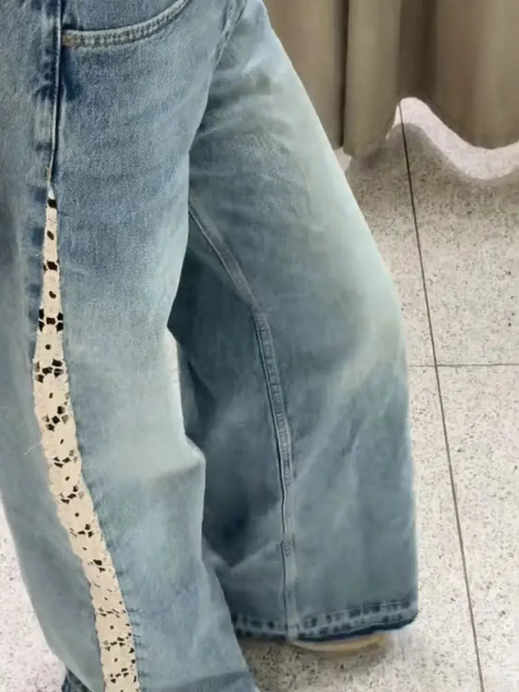 HH Jeans For Women New Fashion Crocheted Patchwork Denim Pants High Waist Zipper Fly Trousers High Street Lady Chic Jeans