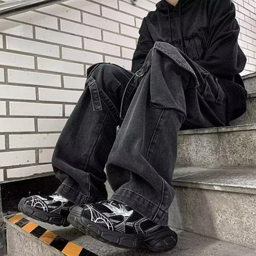 2025 Mens Workwear Jeans Multiple Pockets Loose Straight Leg Spring Autumn Wide Casual Pants  Street Fashion Long Trousers