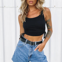 Women Sexy Solid Tank Tops Ribbed Knitted Elastic Crop Tops Off Shoulder Stretch Vest Ruched Drawstring Adjustable  Tee QT023