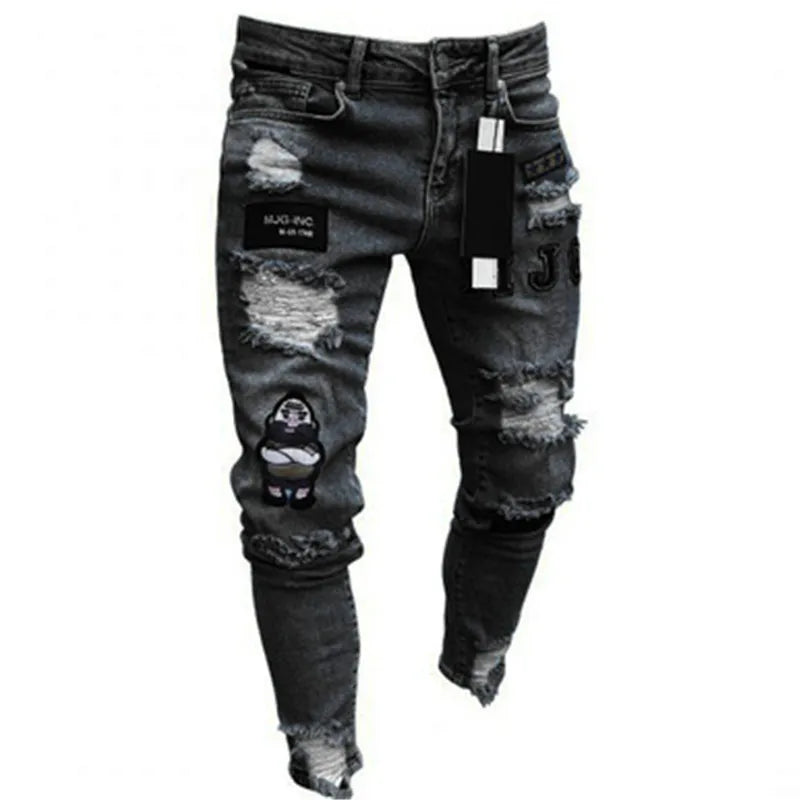 2023 Fashion Street Style Ripped Skinny Jeans Men Vintage wash Solid Denim Trouser Mens Casual Slim fit Black Blue denim Pants