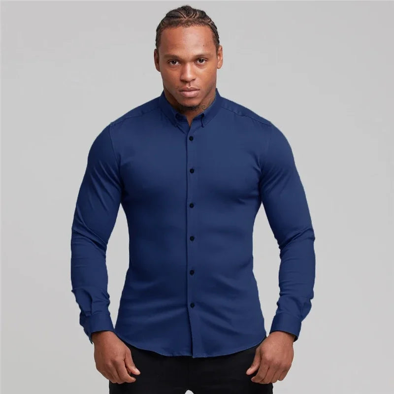 New Autumn Fashion Mens Solid Color Turn-down Collar Button Super Slim Fit Shirts Spring Long Sleeve Business Dress Shirt