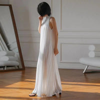 Women Summer 2023 White Beach Dress Sexy Pleated Dress Casual A-line Sundress O Neck Strap Sleeveless Party Long Robes