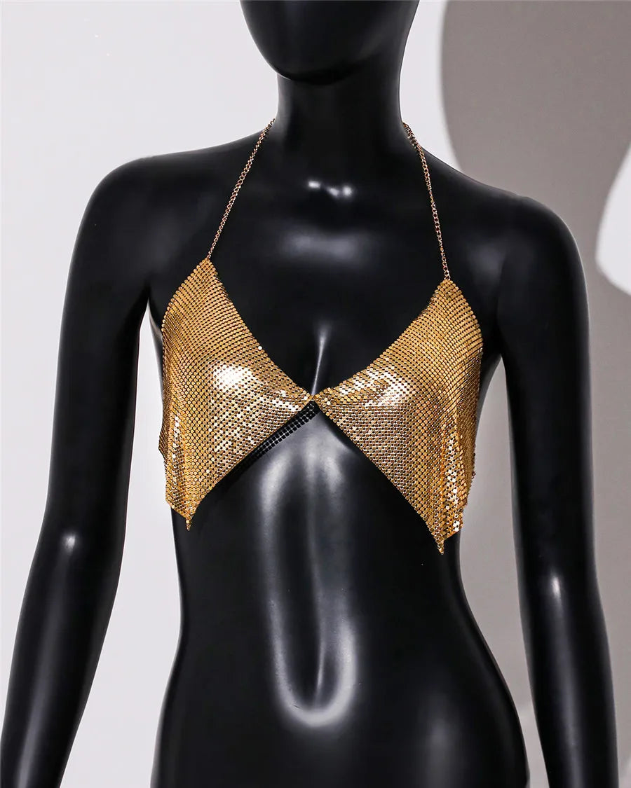 AKYZO Fashion Metal Sequins Camisole Summer Women Backless Halter Neck Off The Shoulder Crop Top Rave Vocal Concert Tank Top