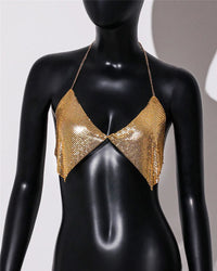 AKYZO Fashion Metal Sequins Camisole Summer Women Backless Halter Neck Off The Shoulder Crop Top Rave Vocal Concert Tank Top