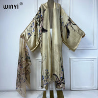 WINYI Kimono Women Summer fashion Print Long Sleeve Cardigan Female Loose abaya Casual beach Cover Up boho dress with scarf