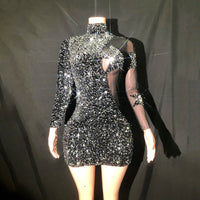 Sequin Mesh See-through Splice Party Dress Elegant Sweet Style A-line Short Skirt Long Sleeve Crystal Beaded Gown