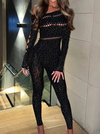 Sexy Long sleeve rhinestone bodycon jumpsuit women body bodysuit birthday party club Hollow out outfits womens jumpsuits overall