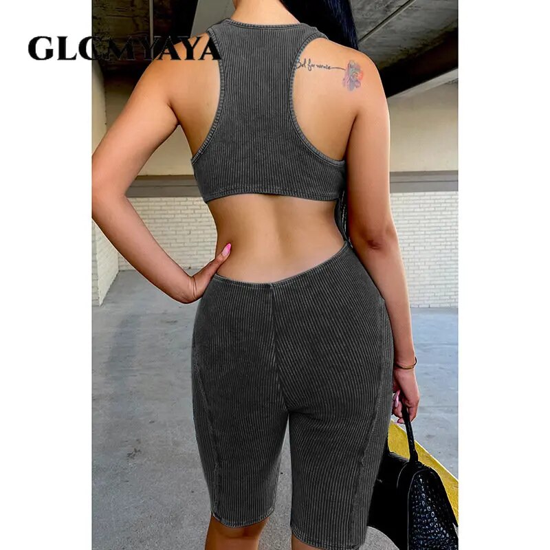 Women Cutout Back Halter Deep V-neck Tank Knee Length Knit Ribbed Jumpsuit Street Playsuit Romper One Piece Set Outfits