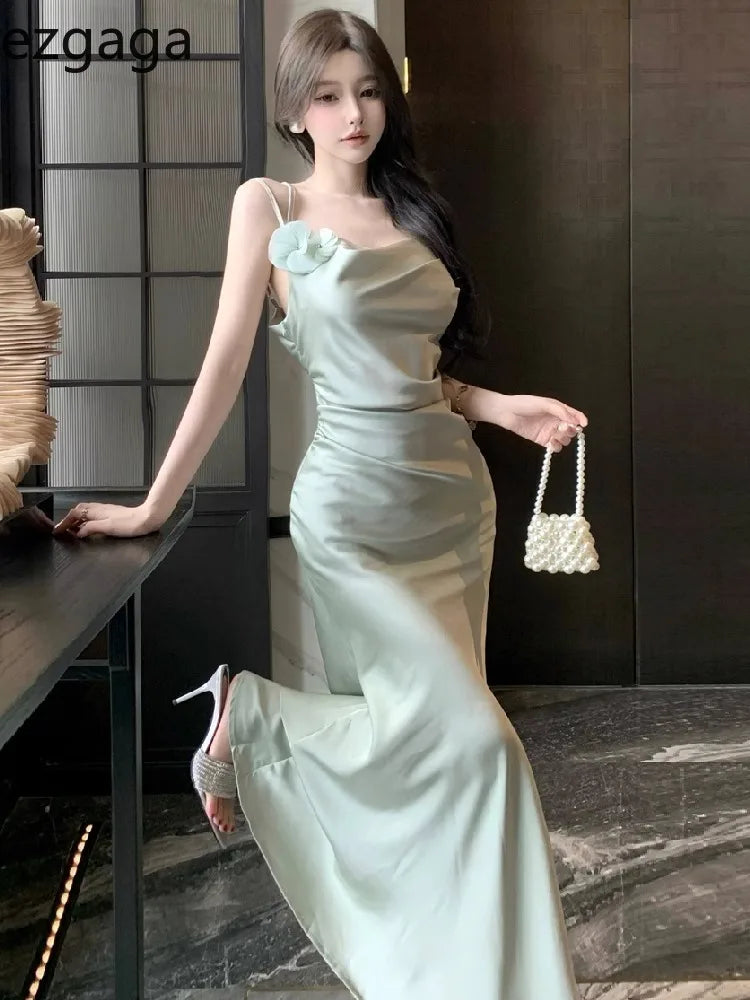 Ezgaga Dresses Women Flowers Sleeveless Swinging Collar Backless Slim French Style Party Mermaid Dress Temperament Elegant Sexy