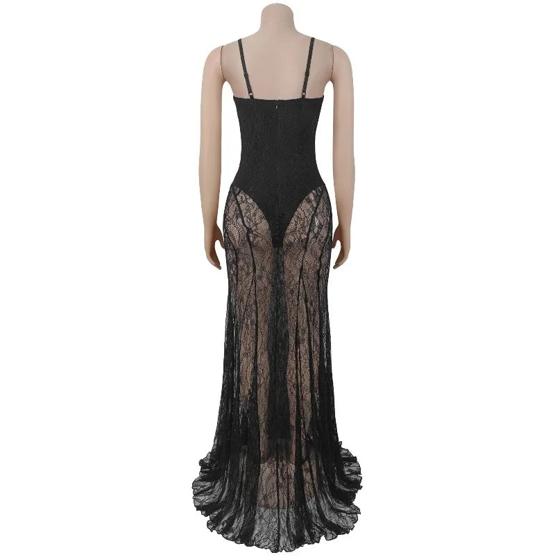 Sexy See Through Lace Mermaid Evening Dresses Women Wedding Nightclub Spaghetti Strap Strapless Club Party Long Dress Elegant