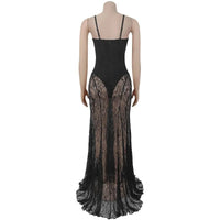 Sexy See Through Lace Mermaid Evening Dresses Women Wedding Nightclub Spaghetti Strap Strapless Club Party Long Dress Elegant