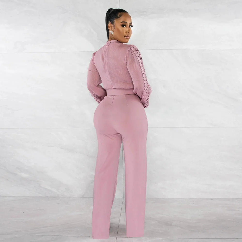 Chic Elegant Jumpsuits for Women High Neck Long Sleeve Hollow Out Top High Waist Straight Long Pant Party Club Wear with Belt