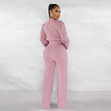 Chic Elegant Jumpsuits for Women High Neck Long Sleeve Hollow Out Top High Waist Straight Long Pant Party Club Wear with Belt