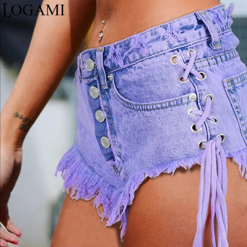 LOGAMI Highwaisted Mini Jeans Shorts Women Both Side Tie Mini Short Sexy Denim Shorts Jeans