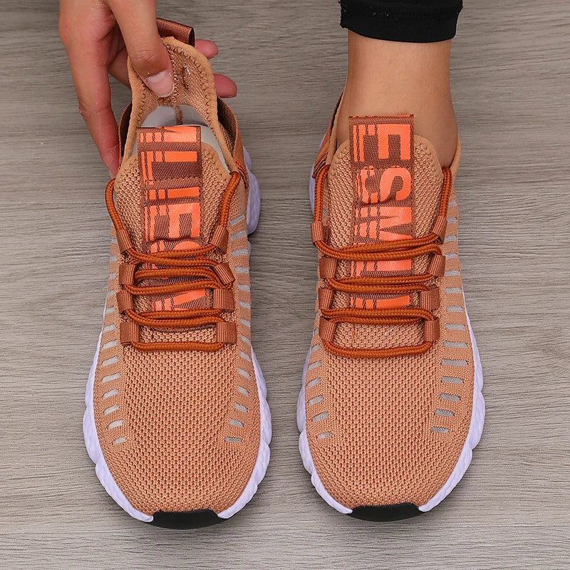 Women's Sneakers Knitted Mesh Breathable Fashionable Lightweight Soft Lace Up Shoes Flexible Trendy Exercise Walking Flat Shoes