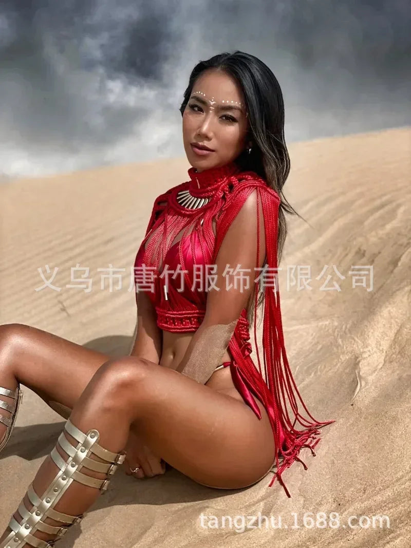 Leosoxs Hand Crochet Knitted Women Bikini Cover Ups Summer Holiday Tassel Beach Bathing Suit Sexy Hollow Out Skirts Matching Set