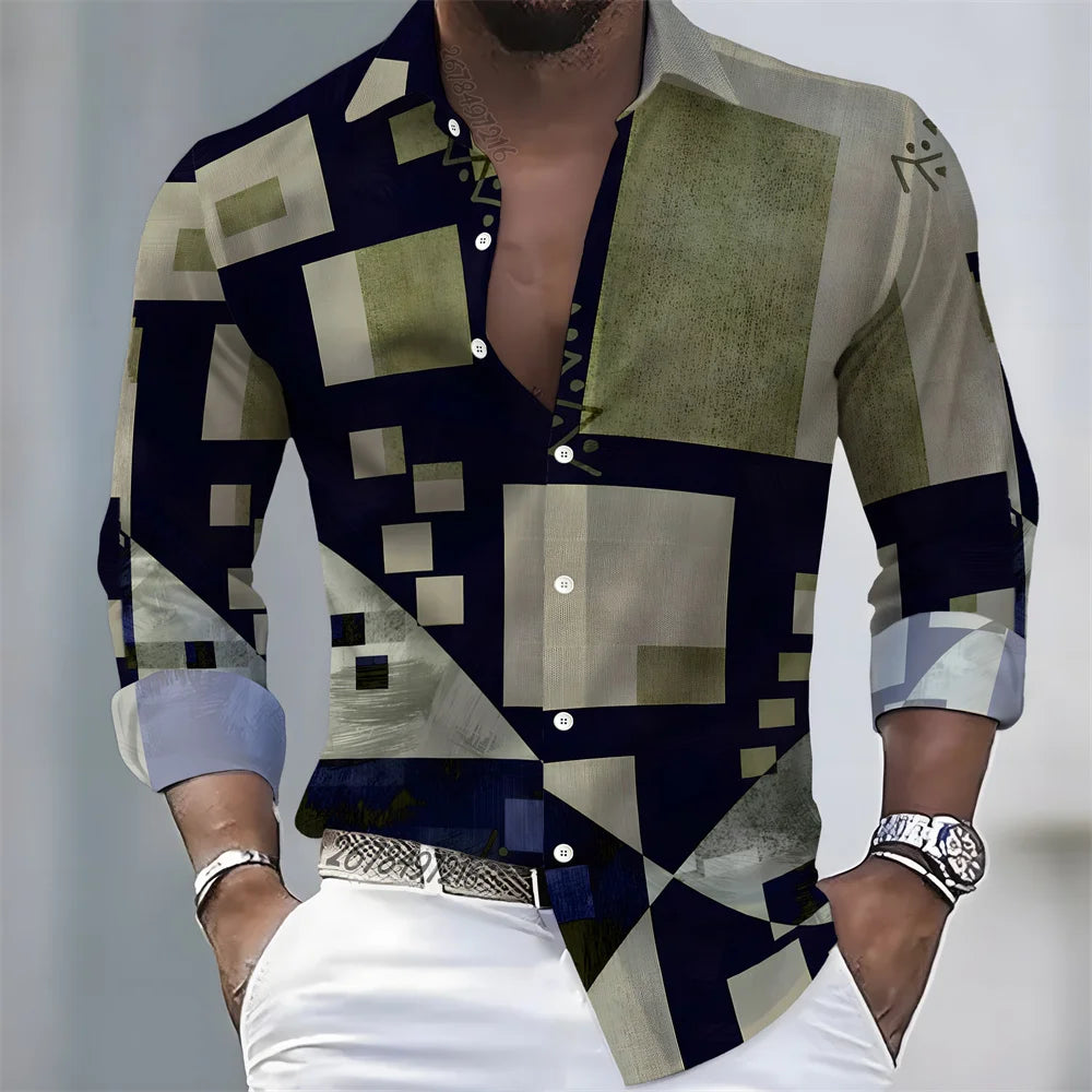 Summer lightweight men's printed long-sleeved shirt, retro floral plaid color-blocked casual shirt, Hawaiian vacation style top.