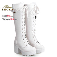 2025 Sexy White Women Knight Boots Coarse Heels Round Toe Knee High Boots Lace Up Multi-belt Buckle High Heeled Boots Size 35-43