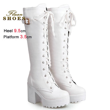 2025 Sexy White Women Knight Boots Coarse Heels Round Toe Knee High Boots Lace Up Multi-belt Buckle High Heeled Boots Size 35-43