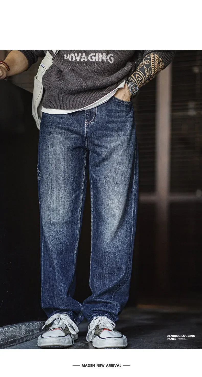 Maden Retro Blue Logging Mens Jeans with Washed Denim Loose Fit Cotton And Non-Elastic Waist Daily Wear Casual Pants
