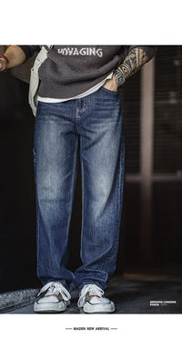 Maden Retro Blue Logging Mens Jeans with Washed Denim Loose Fit Cotton And Non-Elastic Waist Daily Wear Casual Pants