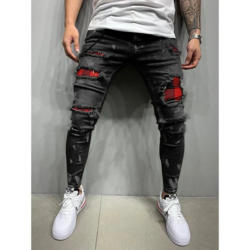 2023 Fashion Street Style Ripped Skinny Jeans Men Vintage wash Solid Denim Trouser Mens Casual Slim fit Black Blue denim Pants